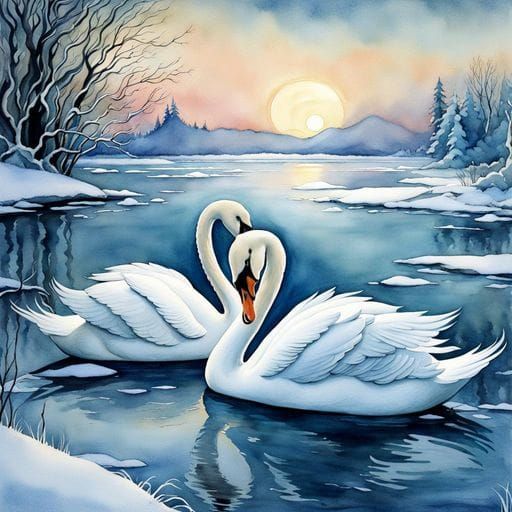 Fairytale Swans on Frozen Lake, Watercolor Illustration