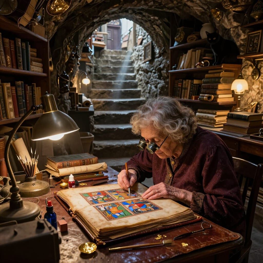 Elderly Woman Restoring Ancient Manuscript in Hidden Worksho...