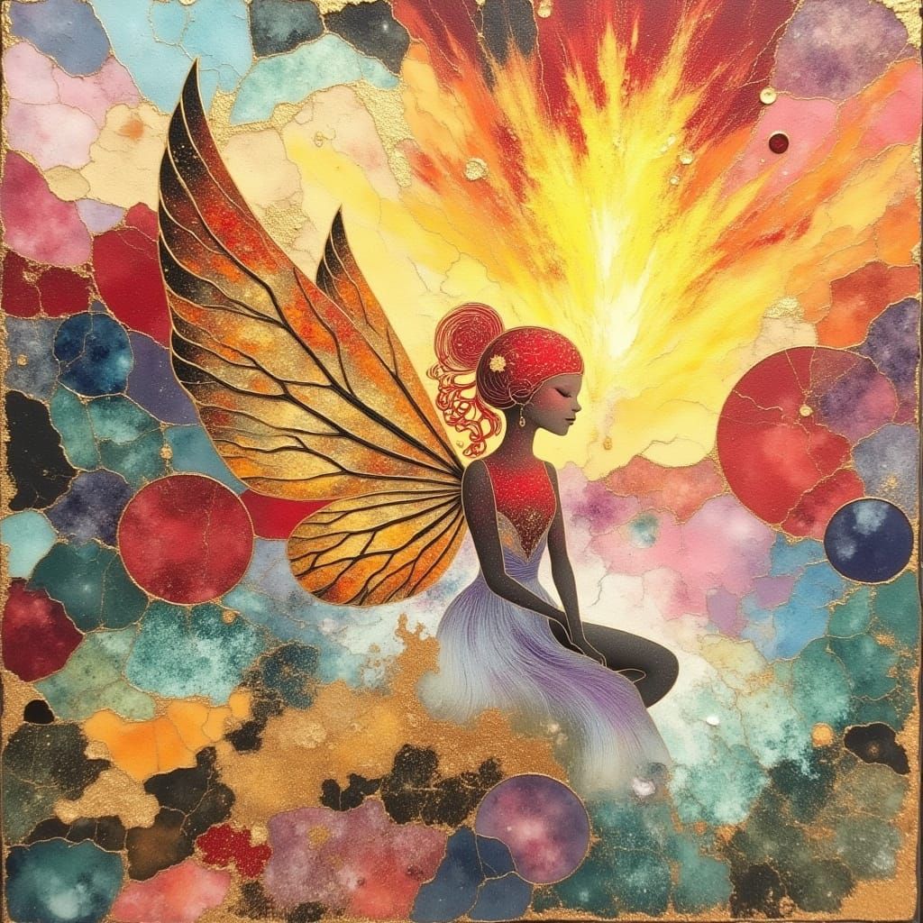 Mystical Goddess of Fire and Whimsy in Gold Leaf and Mixed M...