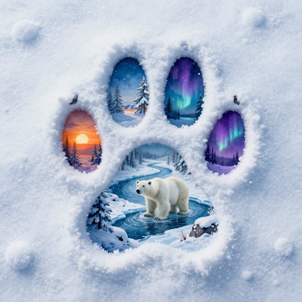 Paw Print in Snow with Winter Landscapes