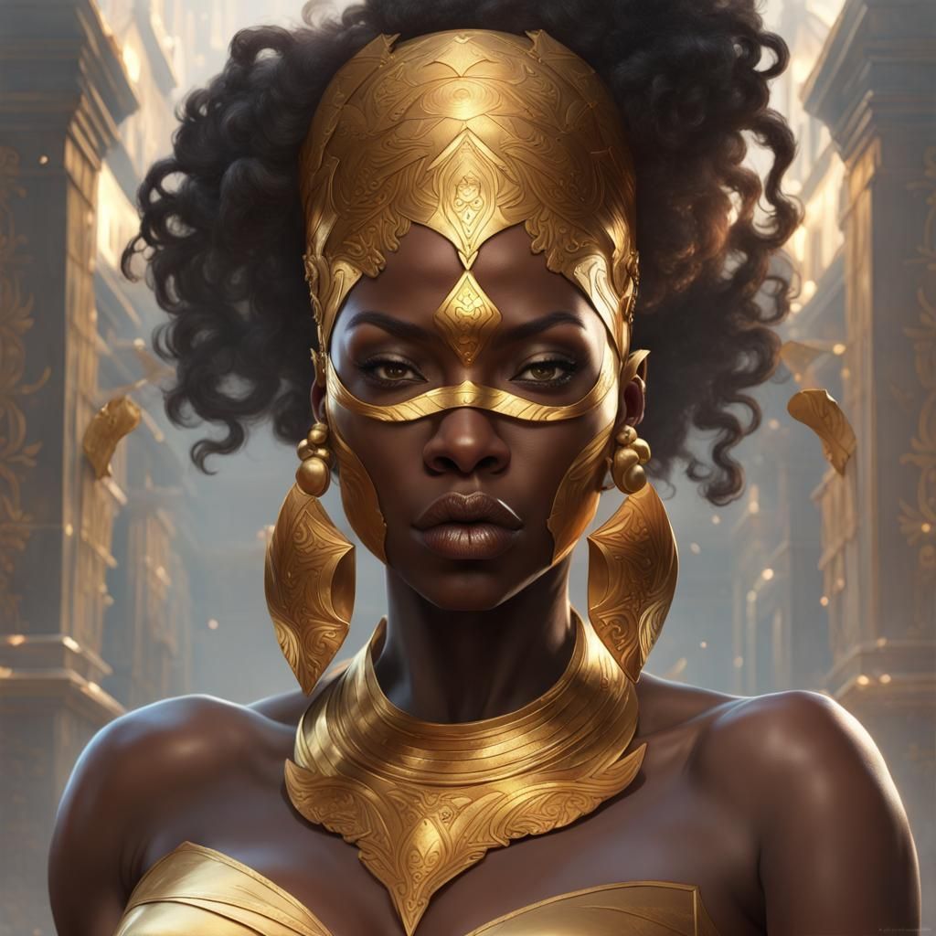 African Empress with Golden Mask: Digital Art Portrait