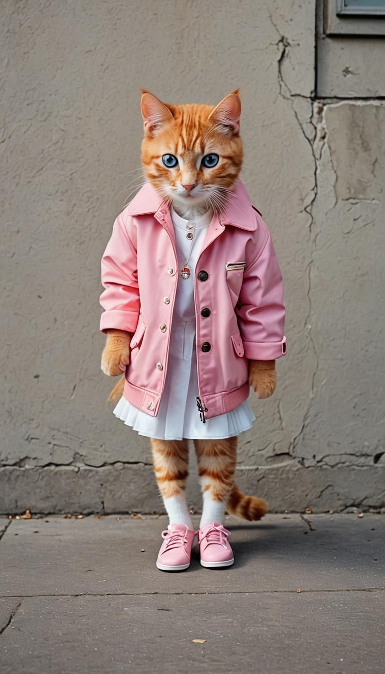 Blue-Eyed Tabby Cat in Pink Outfit