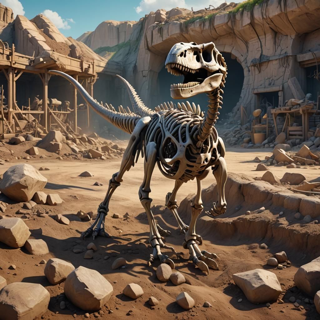 Dinosaur Skeleton Emerges: Pixar-Style 3D Digital Art