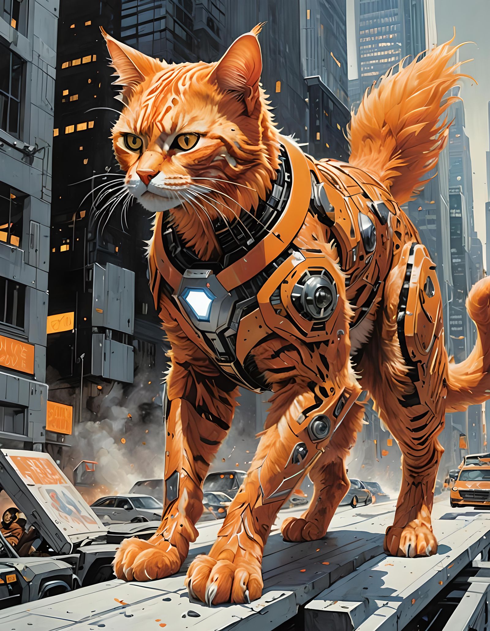 Orange Fur Superhero Cat in Futuristic Style