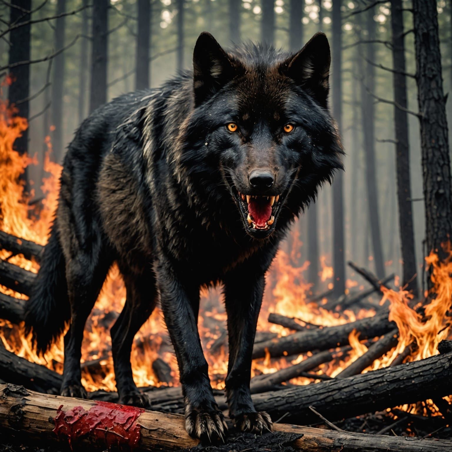 Black Wolf in Forest Fire: A Dramatic Scene