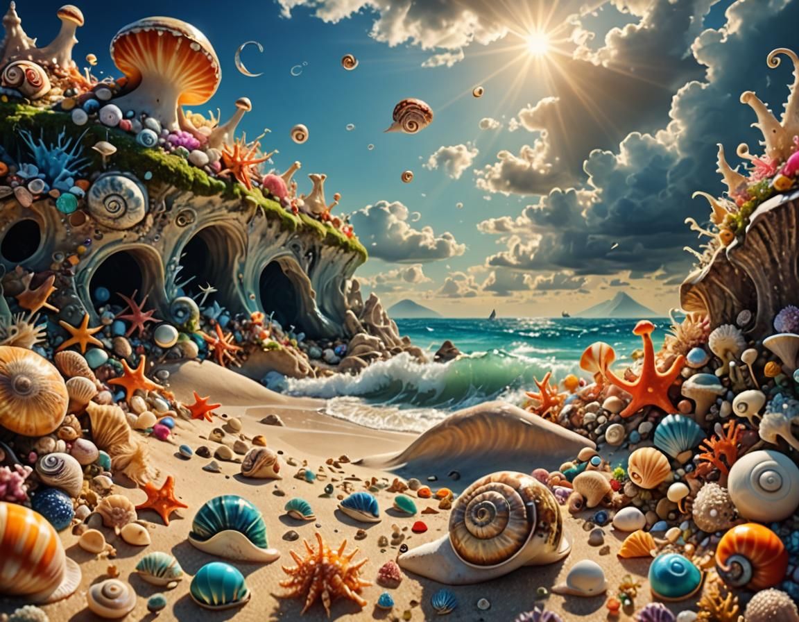 Surreal Shoreline Landscape with Exotic Sea Creatures