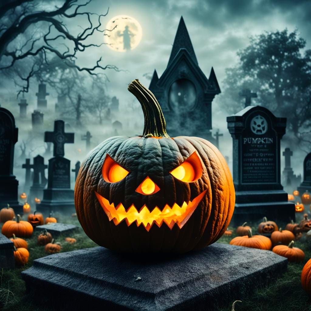 Eerie Pumpkin with Glowing Eyes in Misty Graveyard