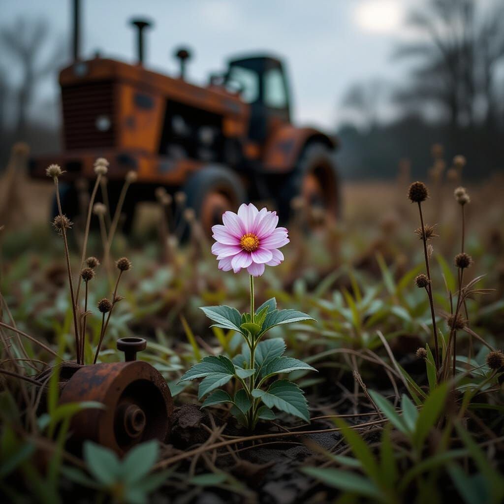 Flower Blooms Amidst Rusted Machinery