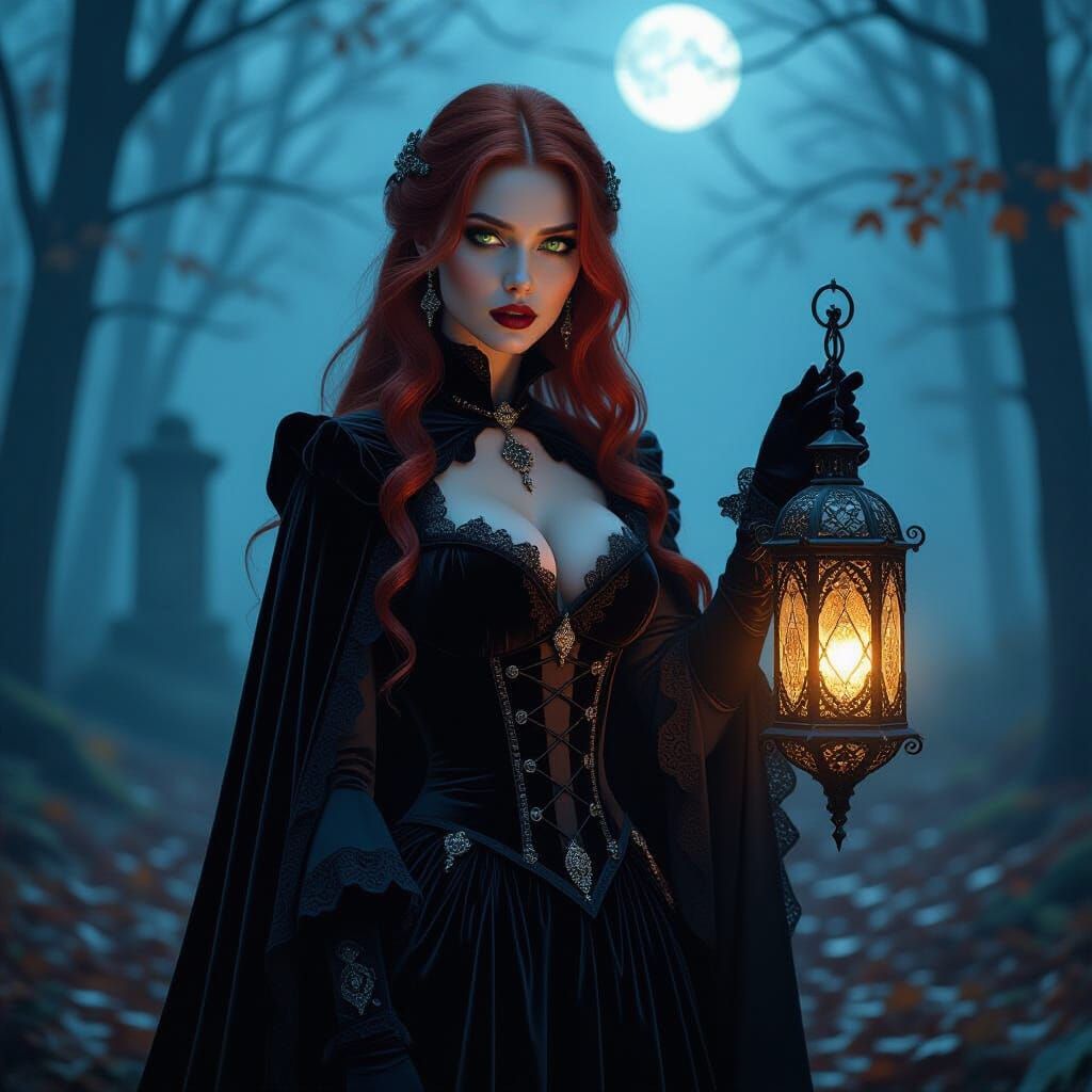 Gothic Vampire Woman in Moonlit Forest