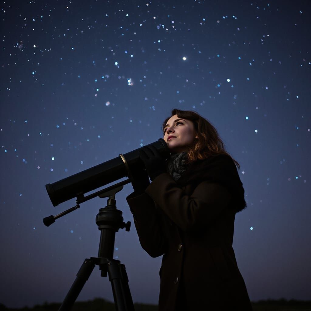 Woman Gazing at Starry Sky with Telescope