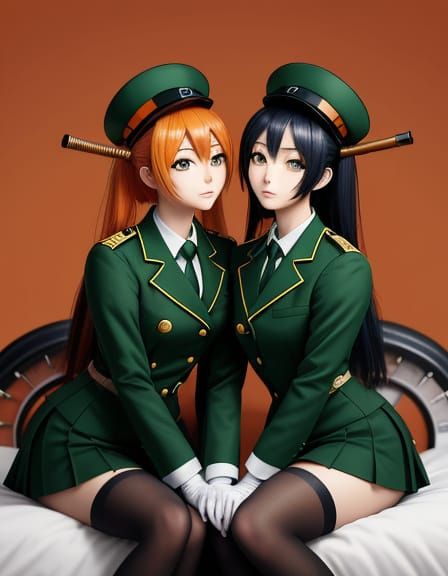 Kemono Twin Sisters Kissing in Steampunk Manga Style