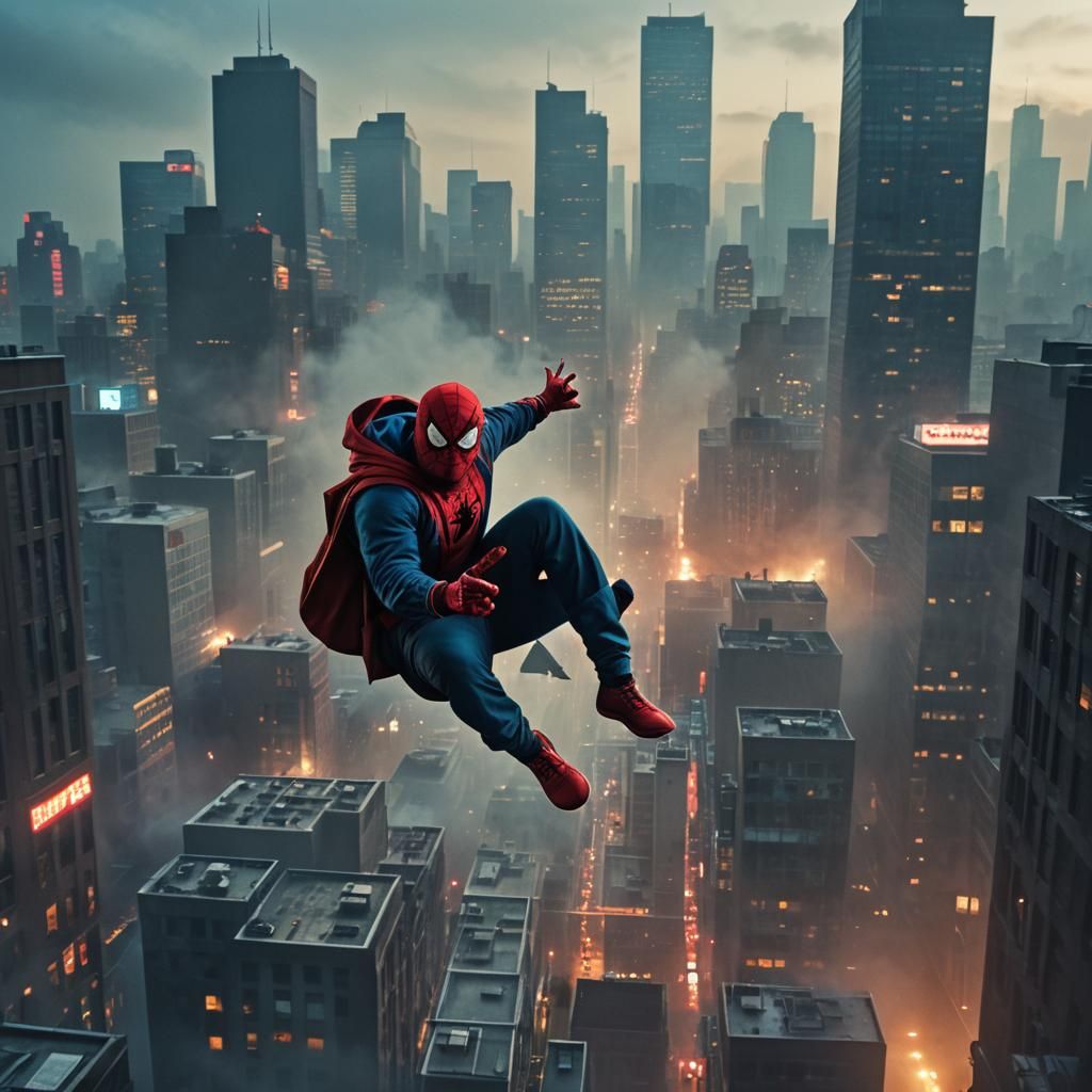 Cartman as Spiderman in Misty Cityscape