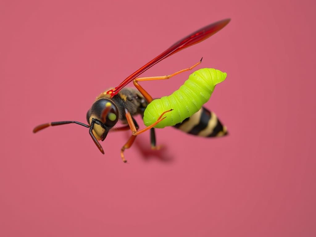 Red Brown Wasp Flies With Lime Green Caterpillar