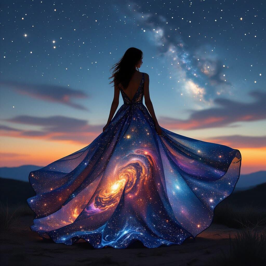 Woman in Galaxy Dress Against Twilight Sky