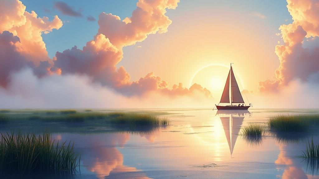 Sailboat at Dawn in Florida Everglades Watercolor