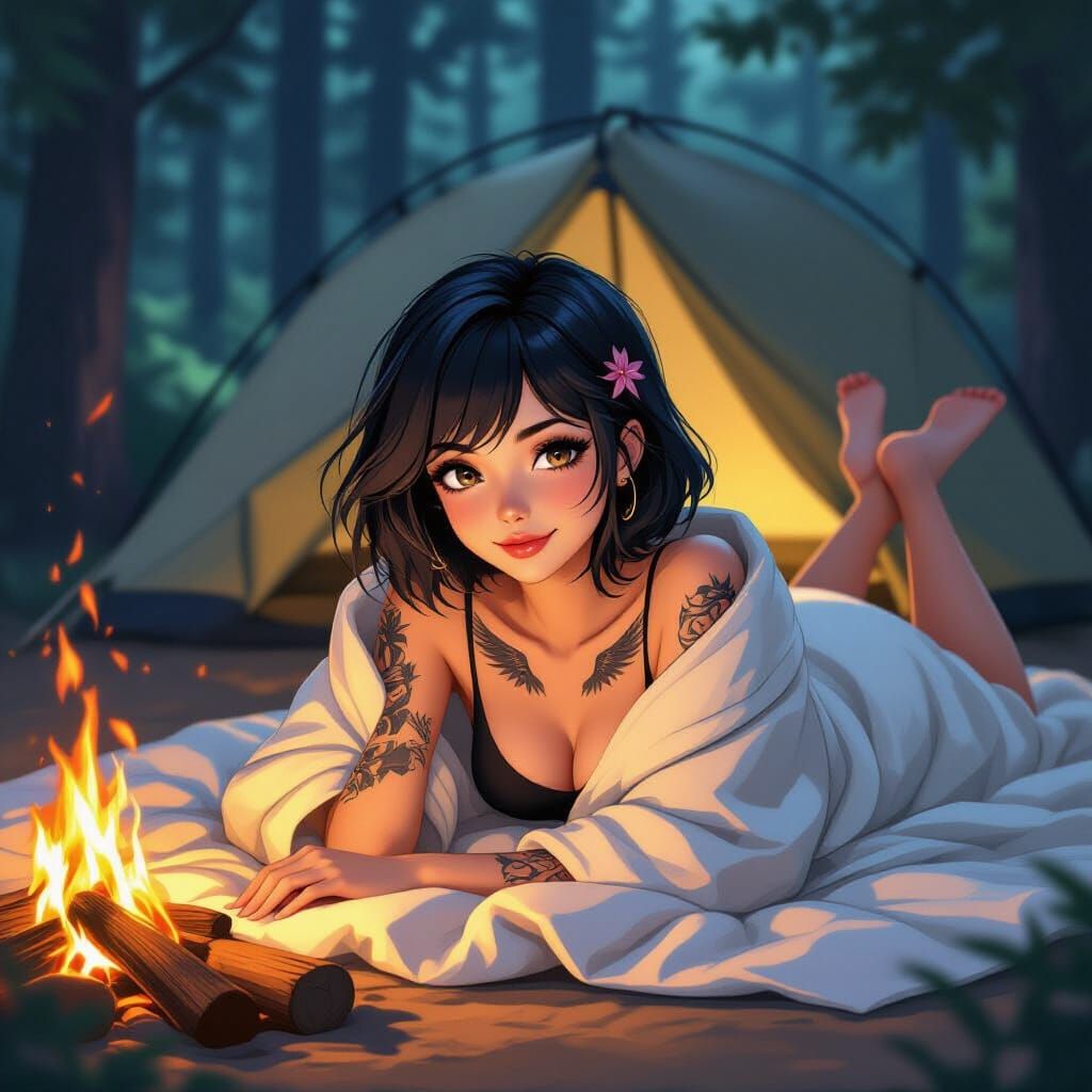 Anime Woman with Wing Tattoos in Forest