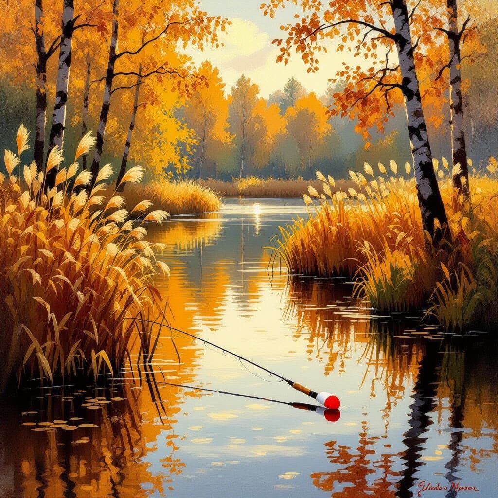 Sunny Autumn Forest Pond Scene With Fishing Rod
