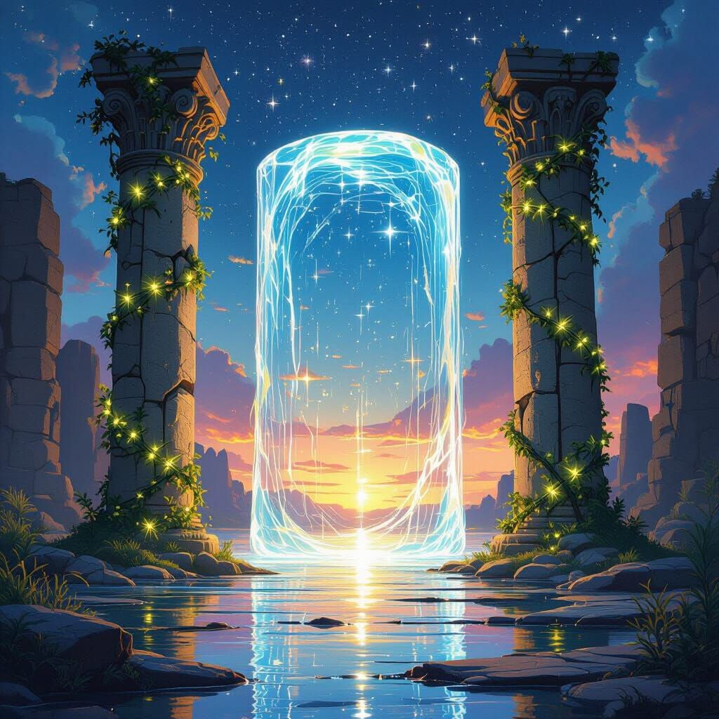 Shimmering Portal Between Ancient Pillars