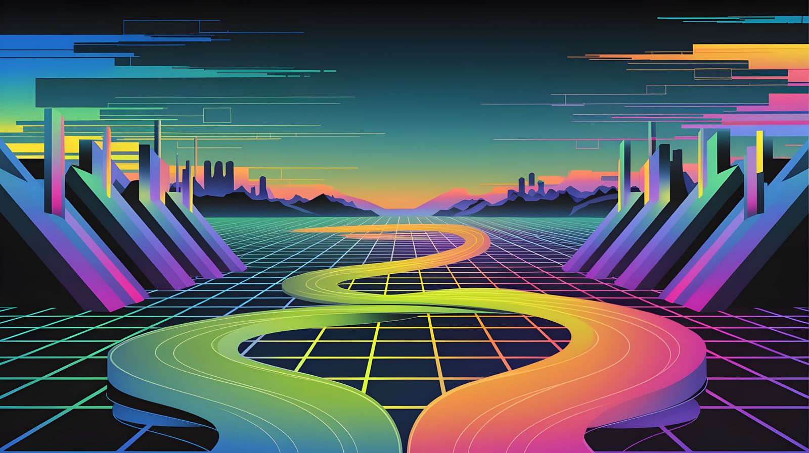 Surreal Abstractionist Landscape with Neon Rivers