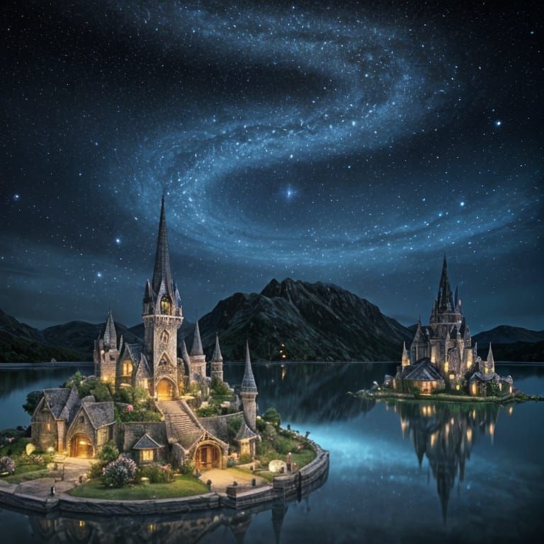 Hobbit Town by Lake with Starry Sky, Surreal Art