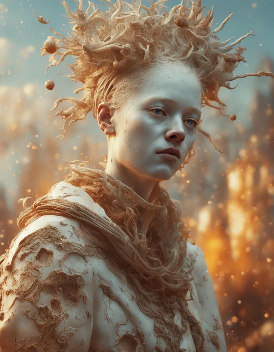 Albino Girl with Pyrography in Hyperrealistic Style