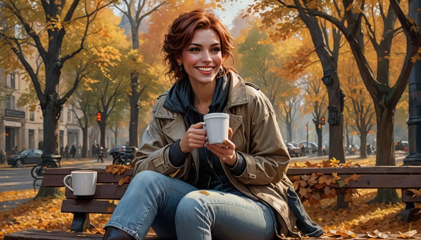 Smiling Auburn-Haired Woman Sipping Coffee: Digital Art Port...