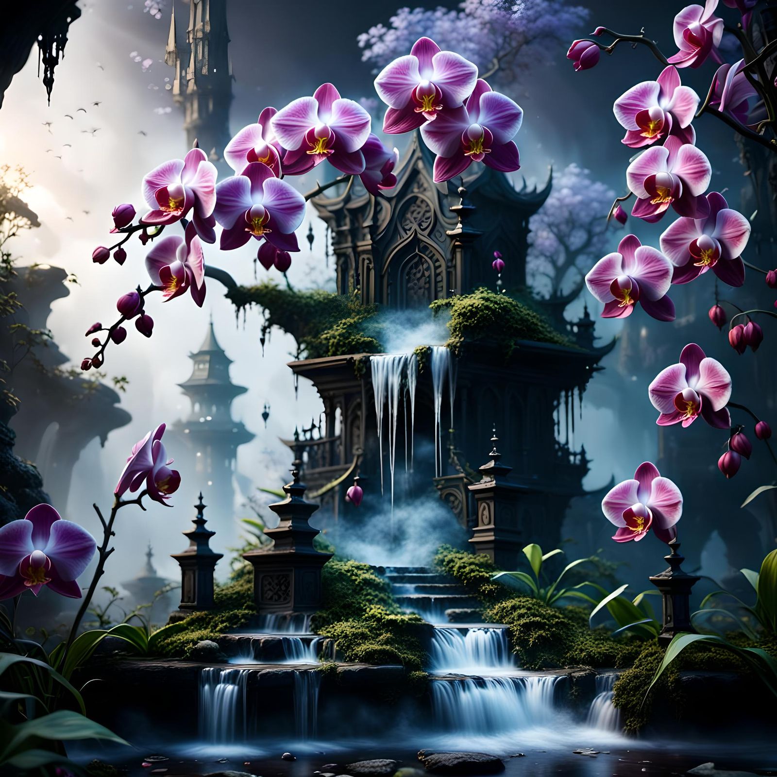 Haunted Orchid Temple in Mist: Fantasy Art