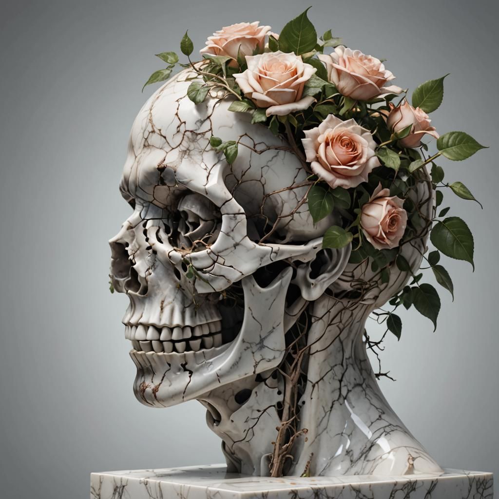 Marble Head with Rose Bush, Hyperrealistic 3D Render