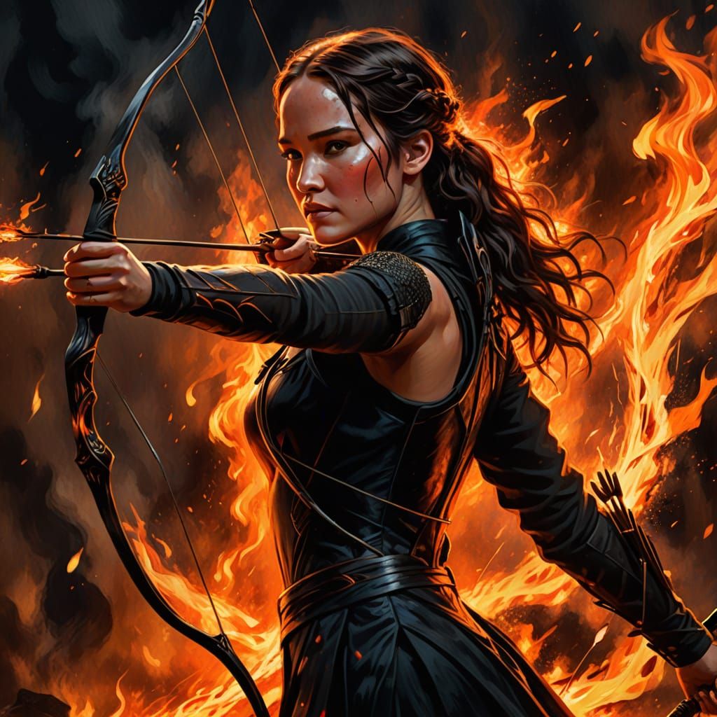Fiery Huntress in Dark Fantasy Oil Painting