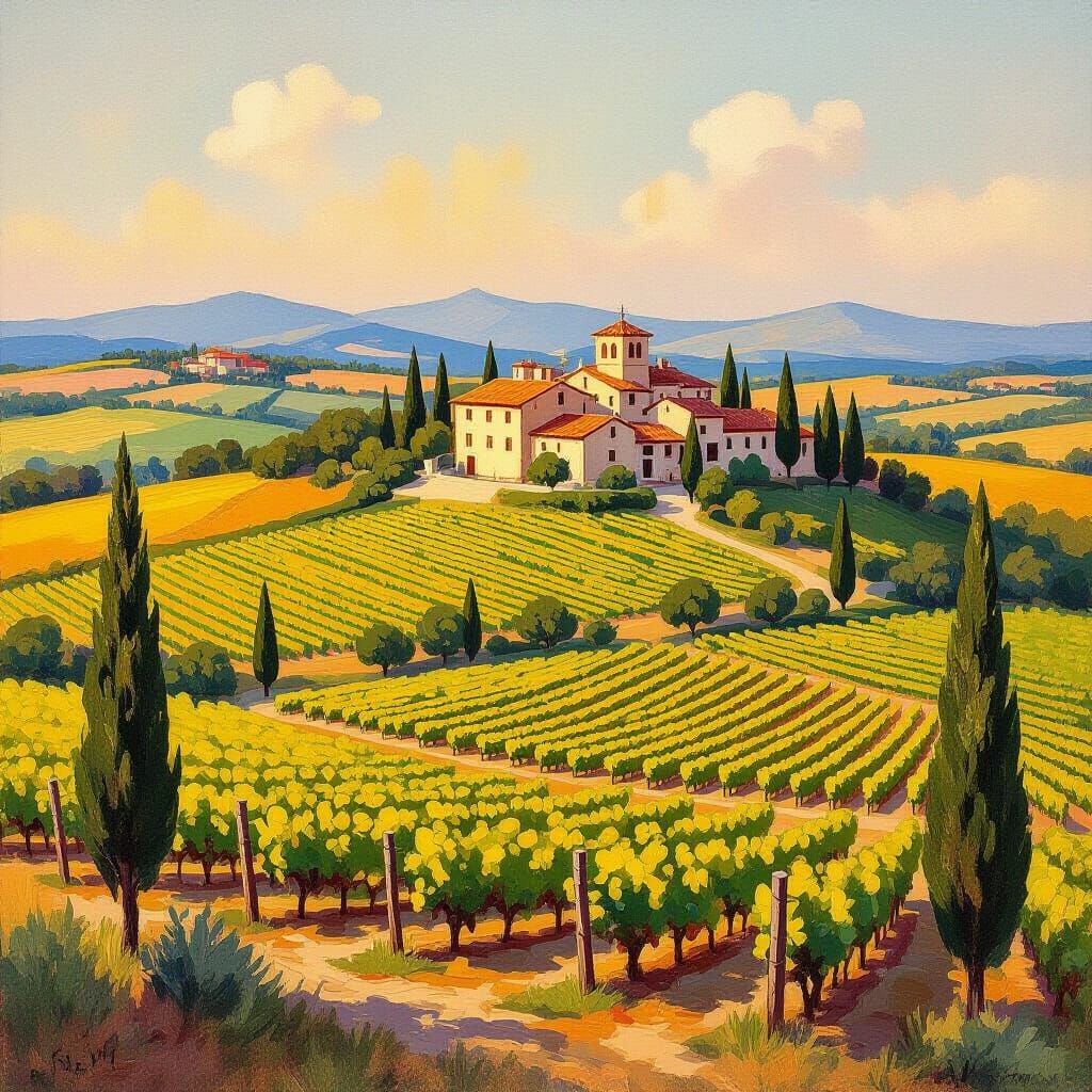 Italian Village Hills in Cézanne & Klimt Style