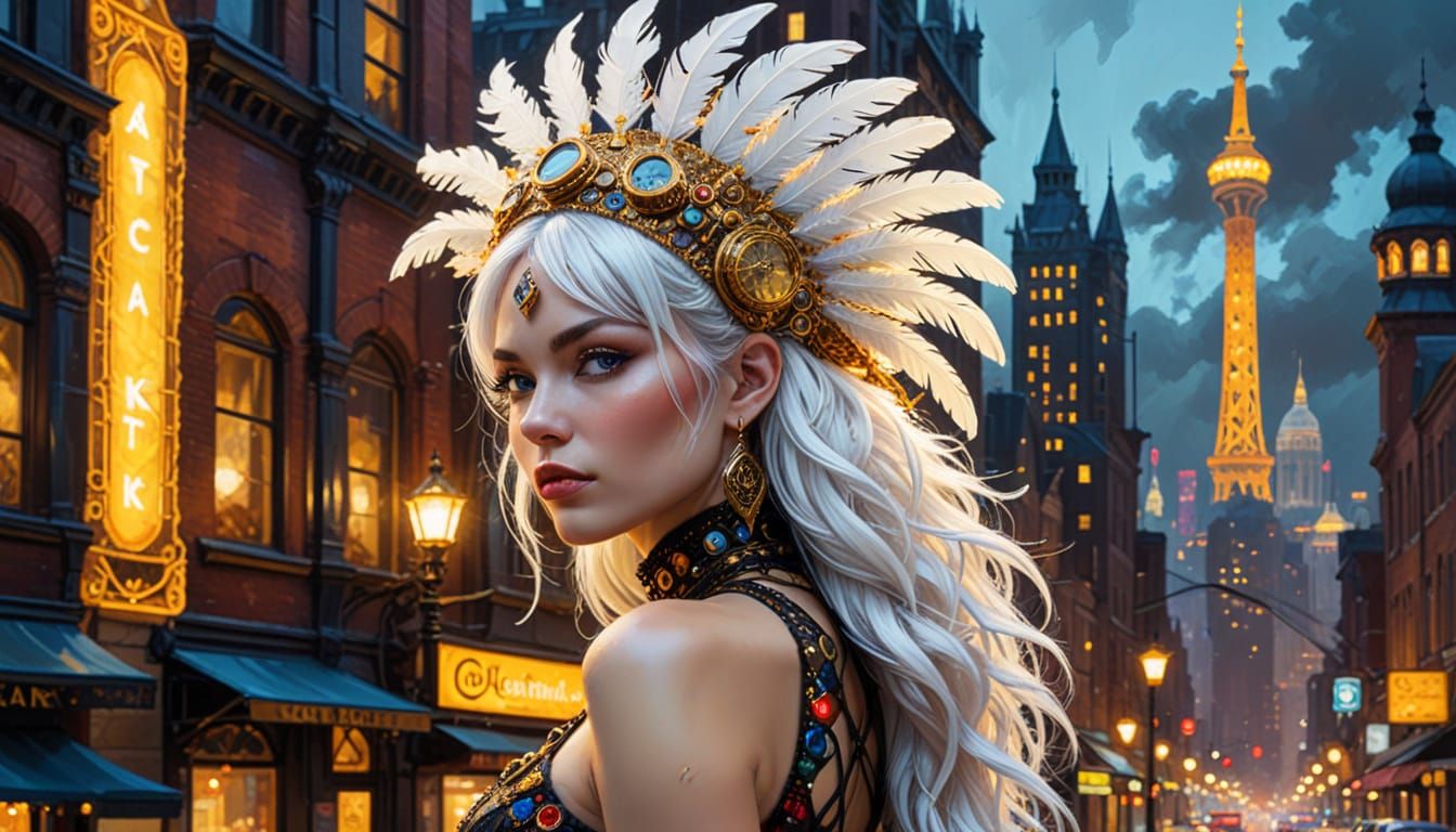 Candy World Cabaret Dancer with Glowing Cityscape