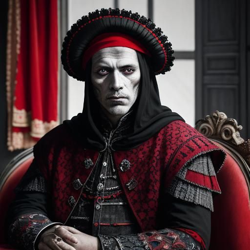 Harlequin in Colorful Patchwork Tunic, Theatrical Setting