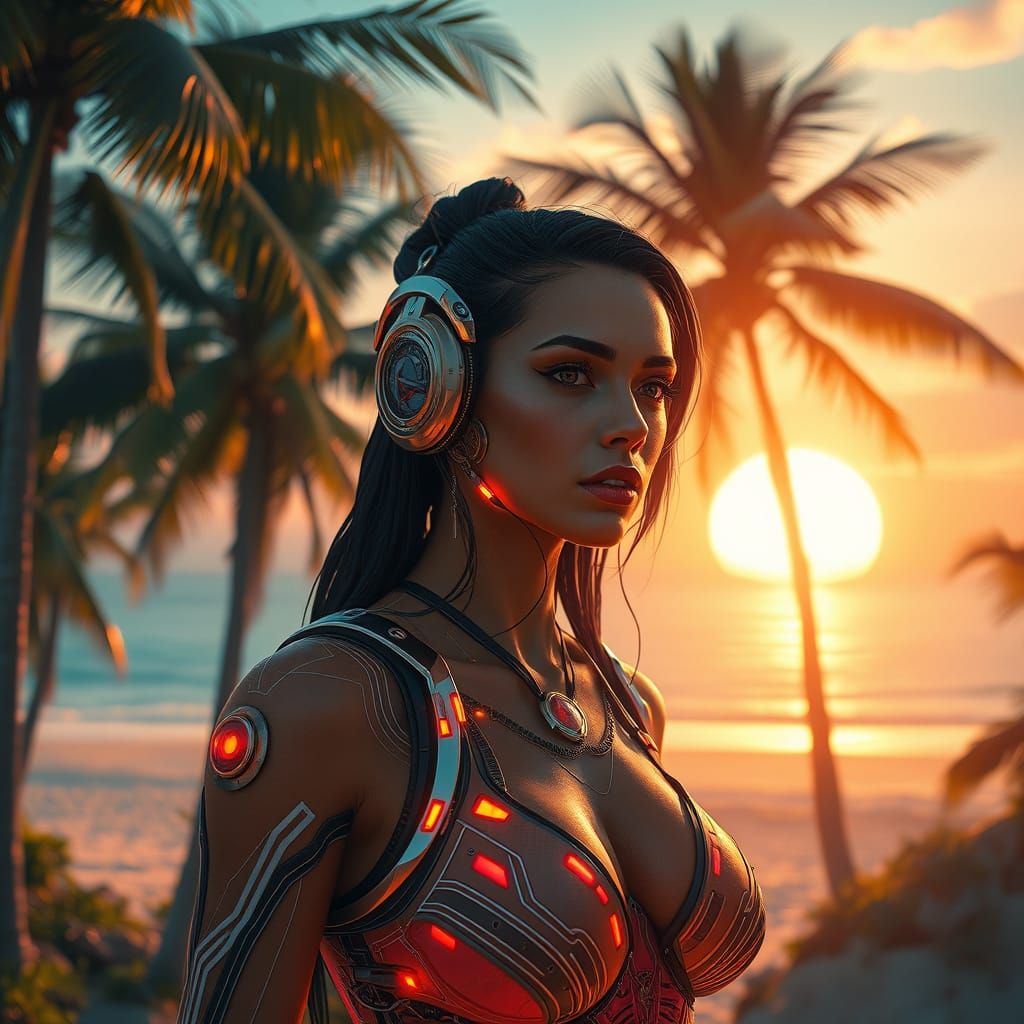 Stunning Cybernetic Goddess Amidst Futuristic Beachscape