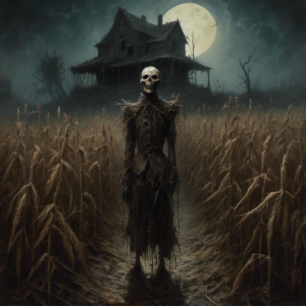 Moonlit Scarecrow in Dark Cornfield