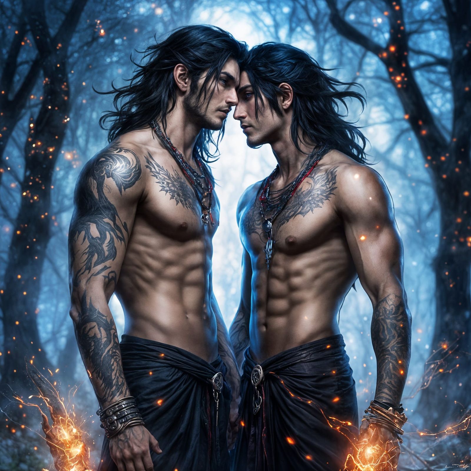 Handsome Witch Twins Embrace in a Magic Forest