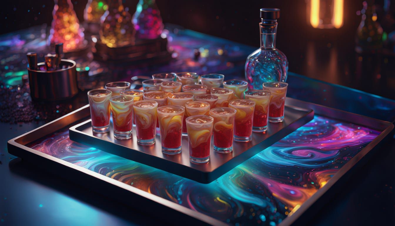 Tray Of Quantum Drinks: Hyperrealistic Digital Matte Paintin...