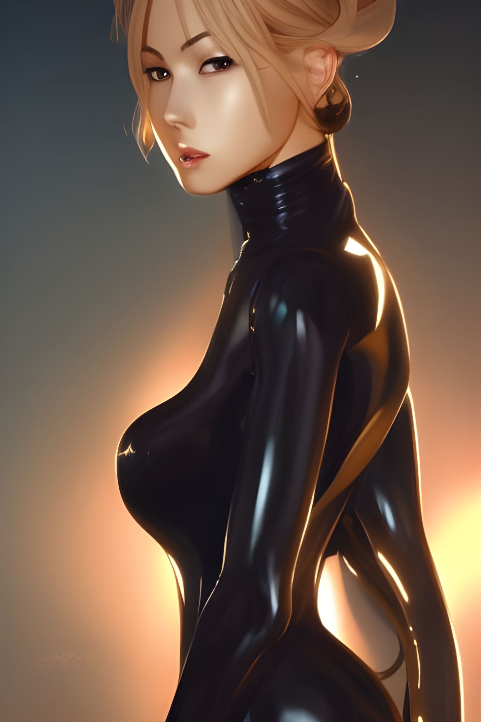 Golden Anime Woman in Black Suit Portrait
