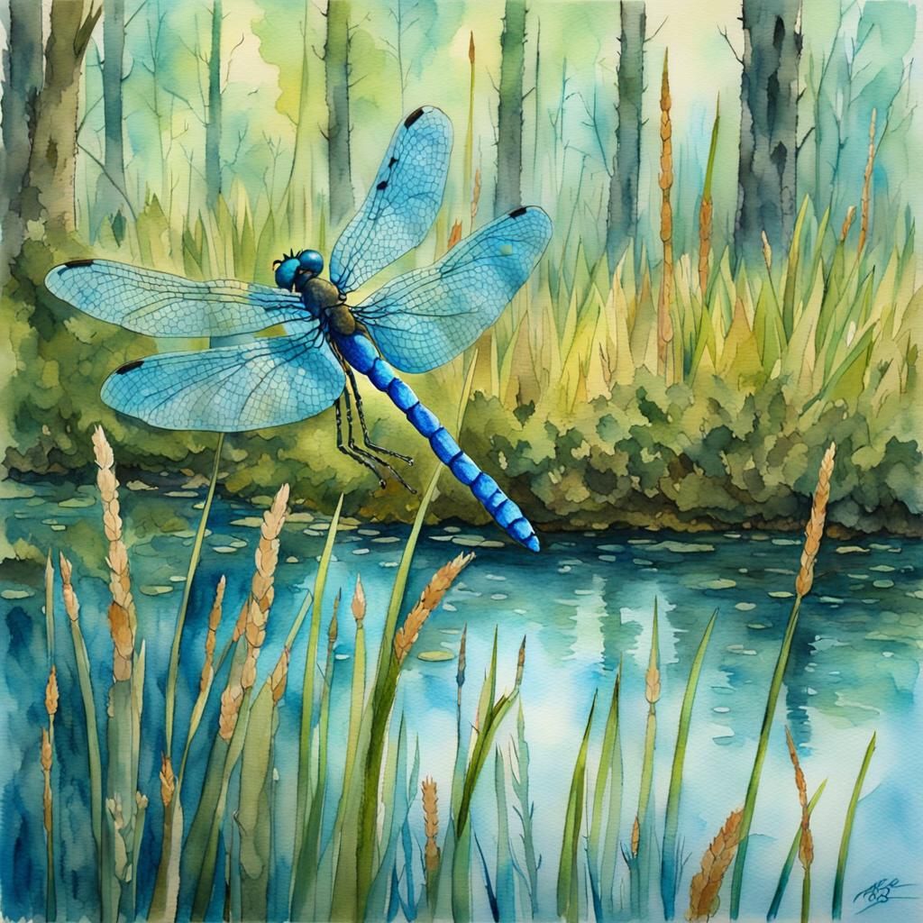 Iridescent Dragonfly in Impressionist Swamp Watercolor