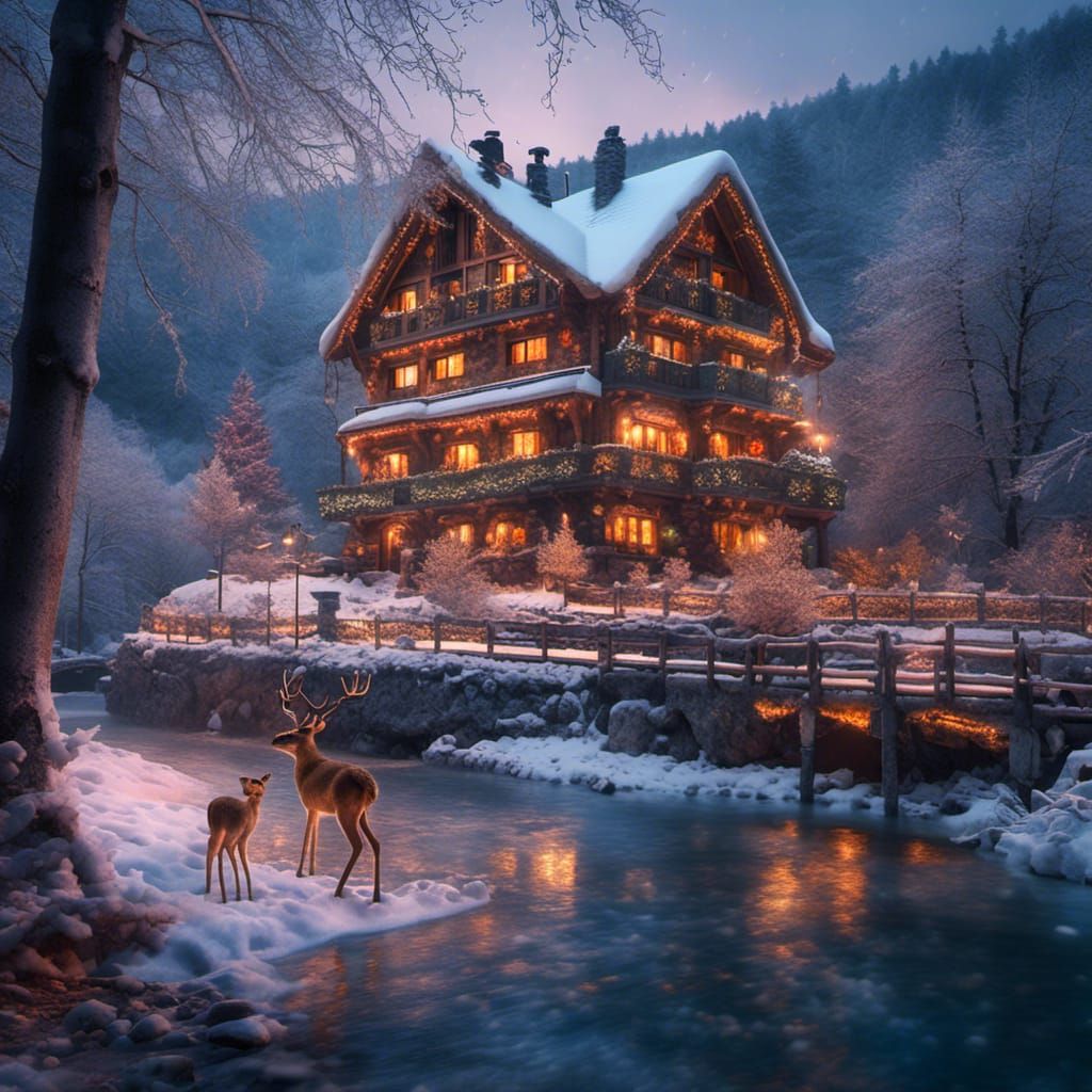Christmas Winter Chalet with Multicolored Lights and Deer