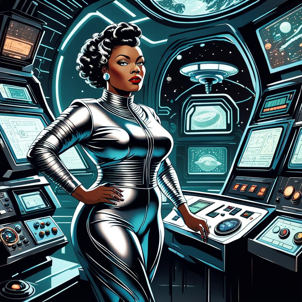 Retro Sci-Fi Alien Observatory with Silver Catsuit Woman