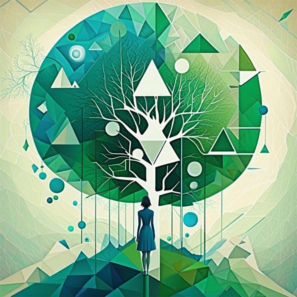 Surreal Blue and Green Geometric Landscape with White Tree