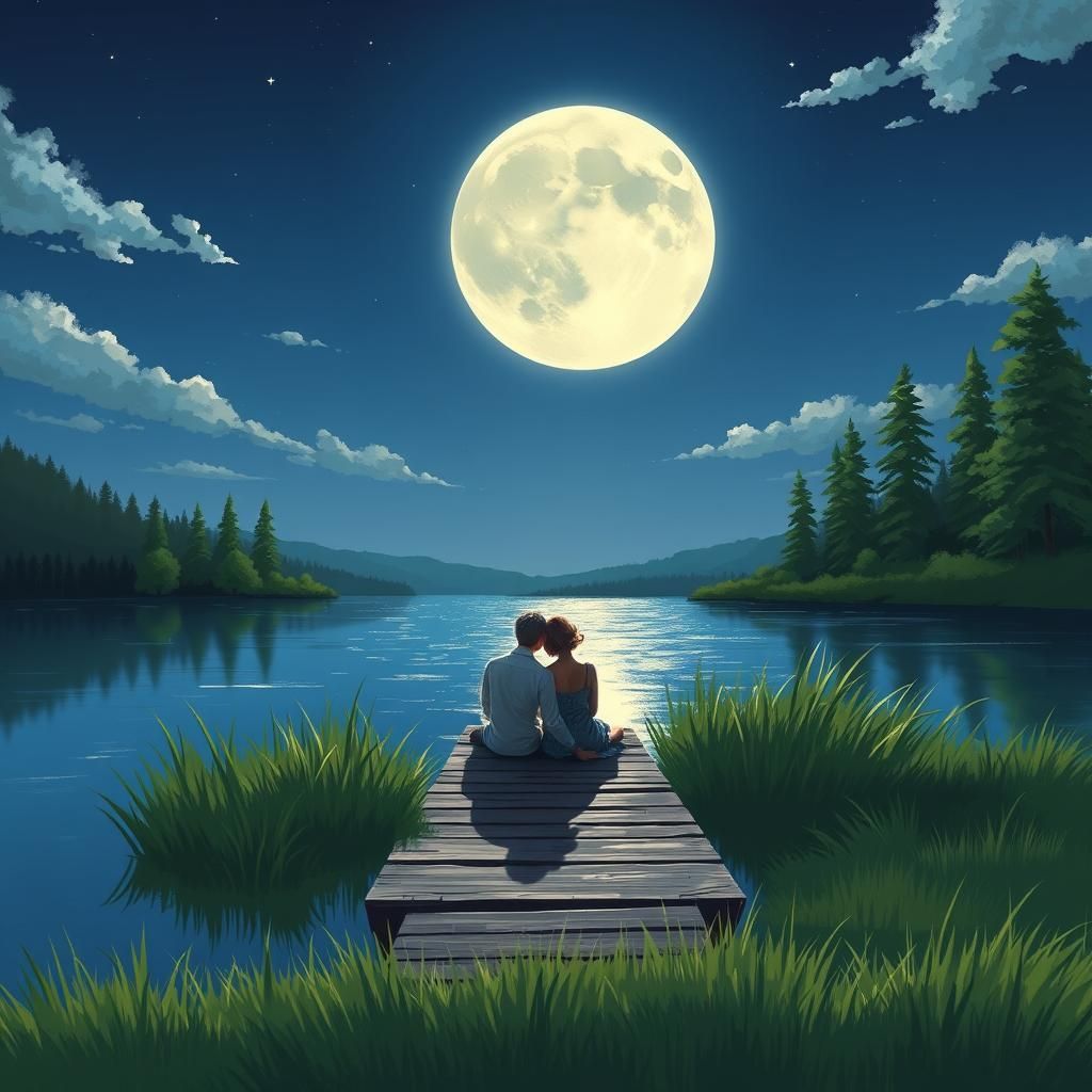 Romantic Couple on Dock Under Moonlight