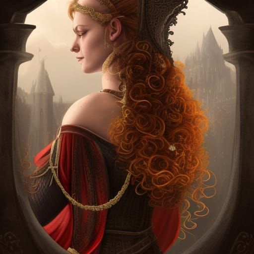 Red-Haired Medieval Queen in Detailed Digital Painting