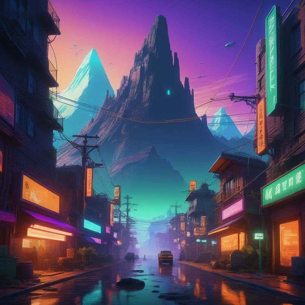 Mystical, Iridescent Mountain Range with Ancient, Advanced C...