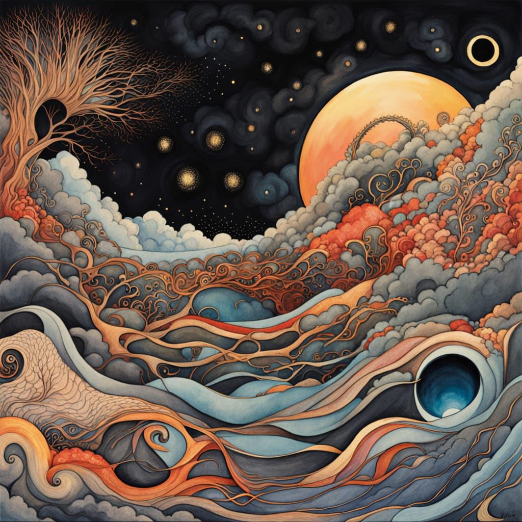 Underwater Civilization: Ink Drawing with Kintsugi Details