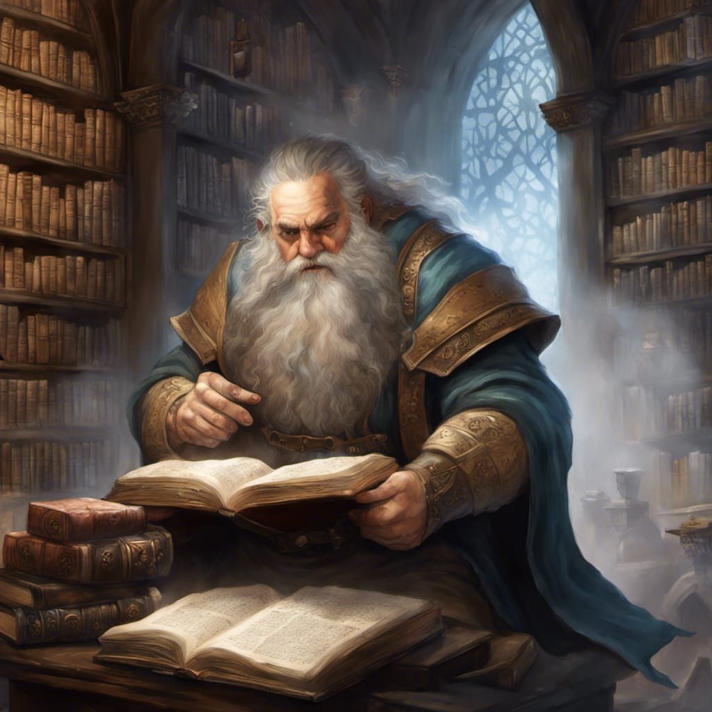 Cleric Hill Dwarf in Library, Dark Fantasy Art