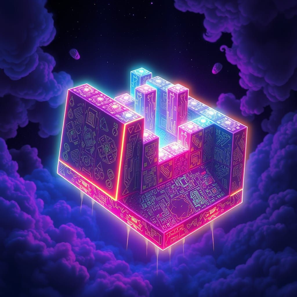 Mystical Neon Tetris Board in the Night Sky