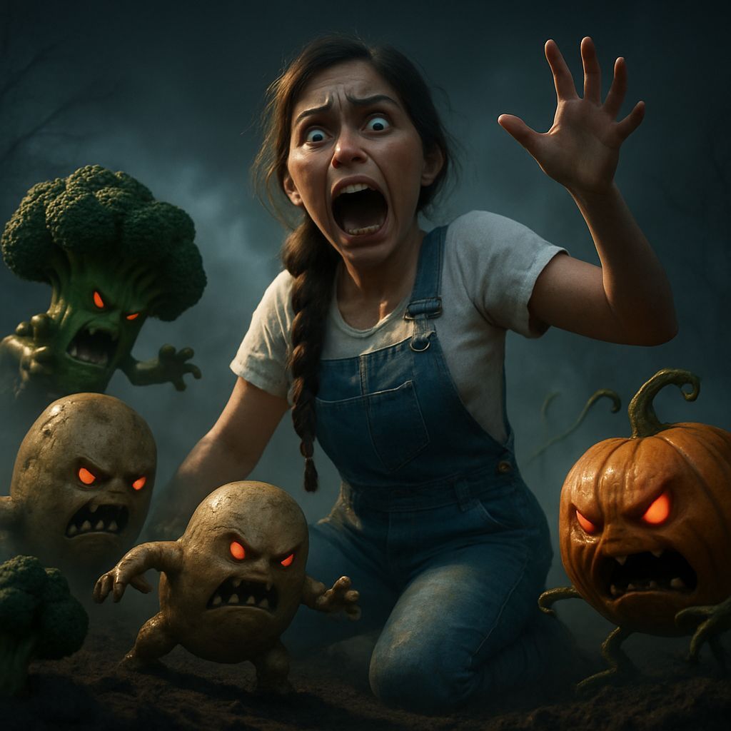 Terrified Gardener Fights Vegetable Monsters in Foggy Garden