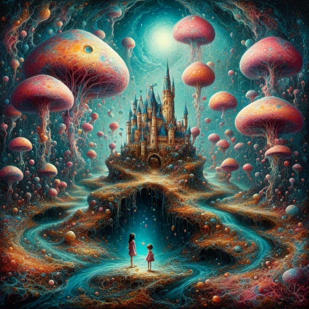 Surreal Landscape with Elastic Flora as Liquid Pour Painting