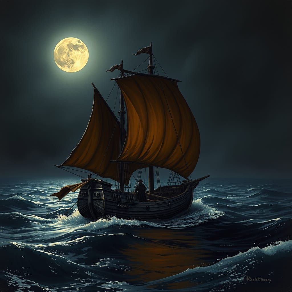 Medieval Sailing Ship Sails Under Dark Coastal Night Sky